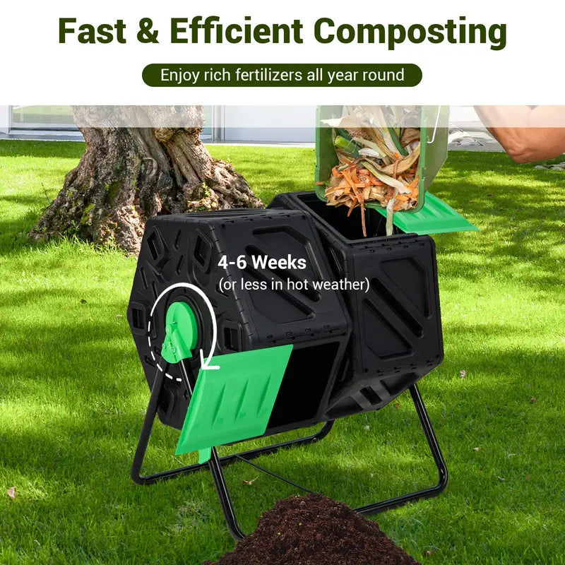 Dual-Chamber Compost Tumbler, 34.5-Gallon Rotating Bin with Independent Composting Compartments