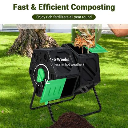 Dual-Chamber Compost Tumbler, 34.5-Gallon Rotating Bin with Independent Composting Compartments