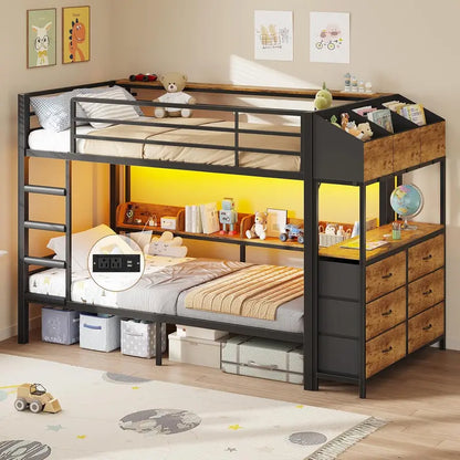 DICTAC Twin XL Bunk Bed with L-Shaped Desk, 5-Drawer Storage, and Dual Shelving