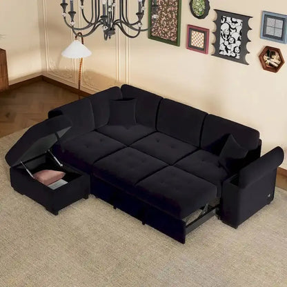 L-Shaped 5-Seat Sleeper Sectional Sofa  84.75-Inch Modular Design with Hidden Arm Storage, Ottoman with Compartment, and Dual USB Charging Ports