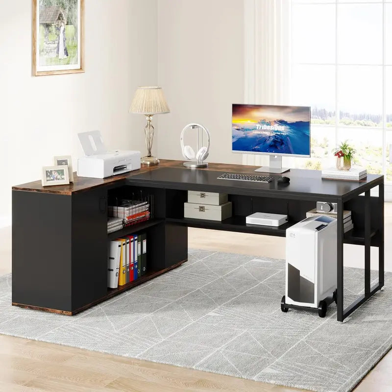 71-Inch L-Shaped Executive Desk  Office Workstation with Cabinet Storage, Shelves & Dual-Tone Finish (Brown/Black)