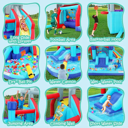 8-in-1 Inflatable Water Park for Kids: Bounce House, Slide, Climbing Wall, Splash Pool, Dual Water Cannons, Basketball Hoop & Crocodile Sprinkler  Includes 450W Blower
