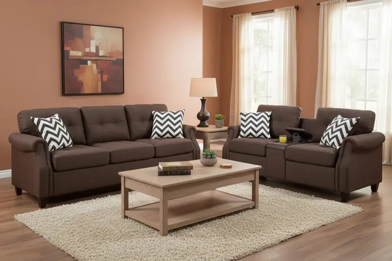 Modern 2-Piece Sofa Loveseat Set  Dark Brown Fabric, USB Charging Ports, 4 Decorative Pillows
