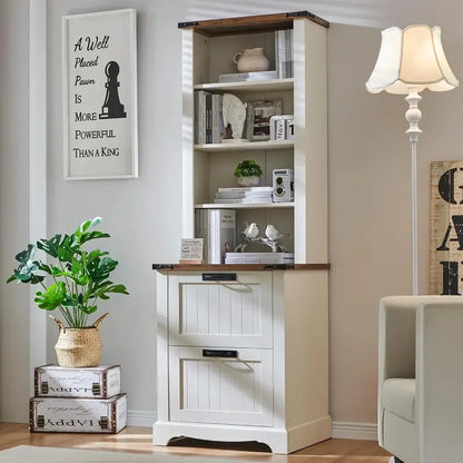 72″ Farmhouse Bookcase with File Drawers  Rustic 4-Tier Wooden Shelving Unit Featuring Adjustable Shelves and Cabinet Storage