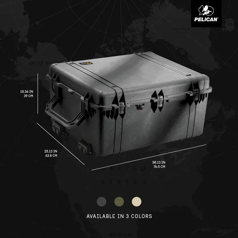 Pelican 1690 Case, Black, Hardside, Watertight, Crushproof, Dustproof, with Foam, 4 Wheels, 33.43″x28.40″x17.65″