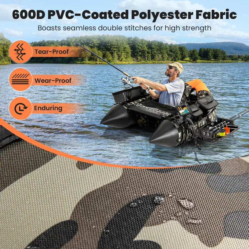 Compact Fishing Float Tube  Inflatable Belly Boat with Integrated Fish Ruler, Pump & Travel Bag