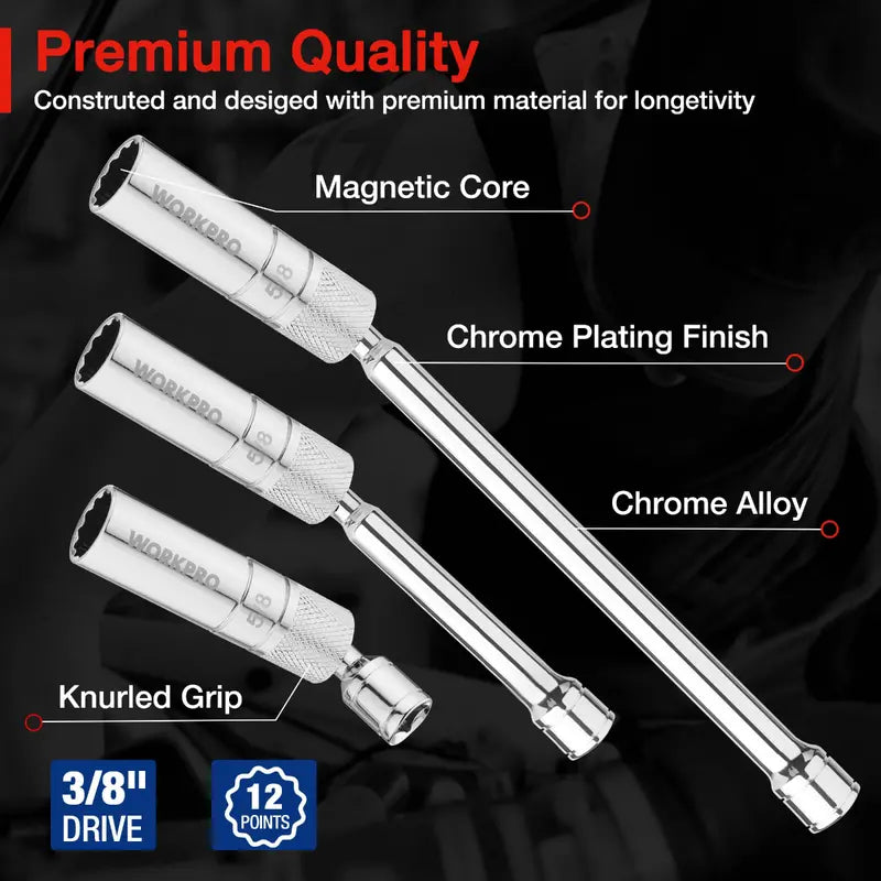 WORKPRO Extended Magnetic Spark Plug Socket Kit  6-Pc Thin-Wall Set with 4″, 6″, 11″ Extensions