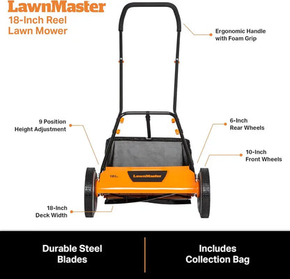 LawnMaster 18-Inch 5-Blade Push Reel Lawn Mower  Eco-Friendly, Quiet, Manual Grass Cutter for Small Yards