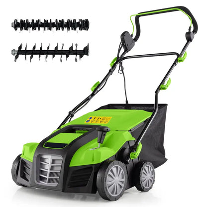 Dual-Function Electric Lawn Dethatcher & Scarifier  16″ Corded Unit with 14.5-Gal Catch Bag
