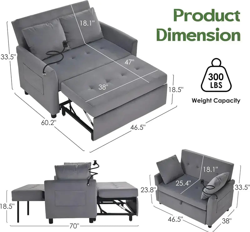 Compact 3-in-1 Loveseat Sleeper Sofa  Pull-Out Convertible Couch for Small Living Areas
