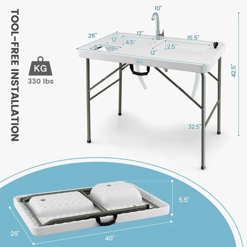Portable Folding Fish Cleaning Station with Dual Stainless Steel Basins