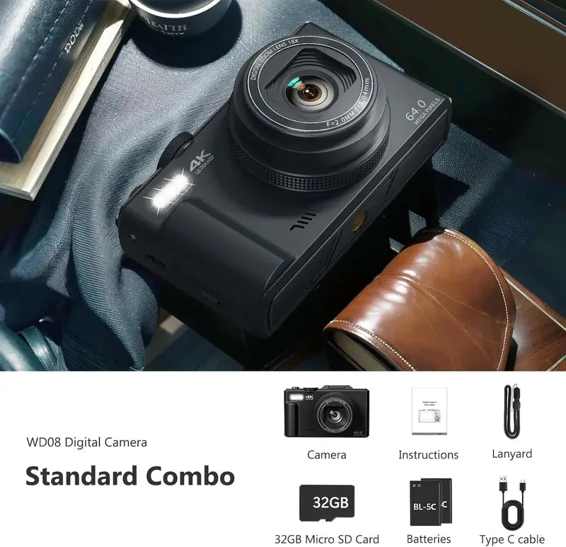 4K Vlogging Camera  64MP Digital Point-and-Shoot with 180° Flip Screen, 18x Zoom & 32GB SD Card