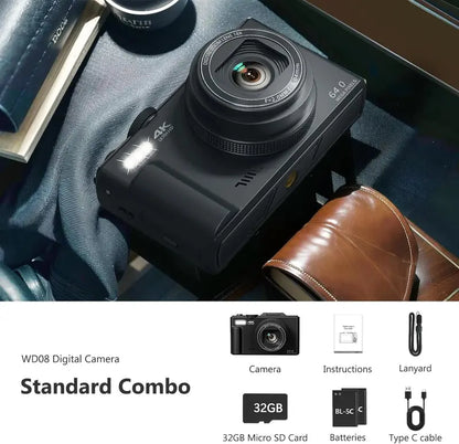 4K Vlogging Camera  64MP Digital Point-and-Shoot with 180° Flip Screen, 18x Zoom & 32GB SD Card