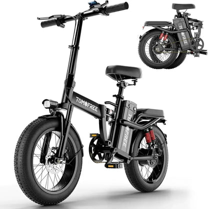 Tomofree T1 1200W Folding E-Bike  31 MPH Top Speed, 48V 20Ah Battery, 16×3″ All-Terrain Tires, LED Display & 330 lb Load Capacity