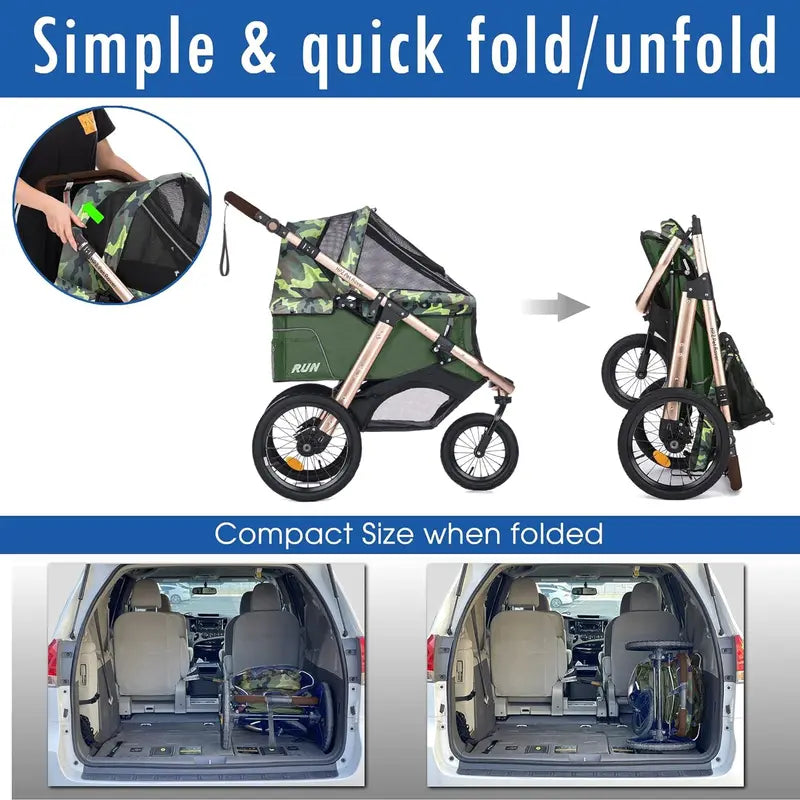 All-Terrain Pet Jogging Stroller  Aluminum Frame, Zipper-Free Entry, One-Hand Fold, Rubber Wheels (Green Camo)