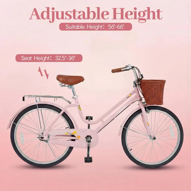 Classic Beach Cruiser Bike  Front Basket, Rear Rack, Bell  Designed for Teens & Adults