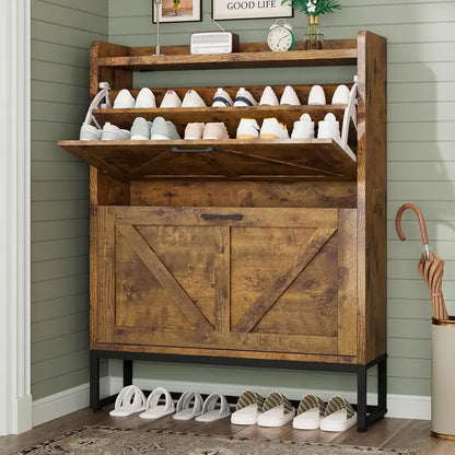 Compact Shoe Storage Cabinet Featuring Two Flip Drawers and One Adjustable Shelf