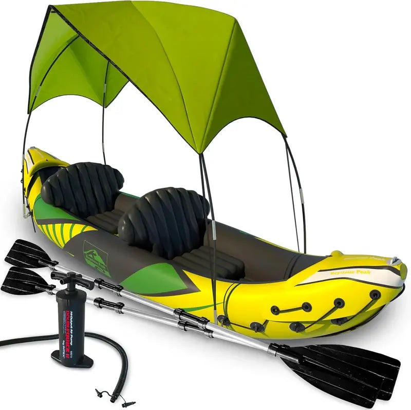 2-Person Inflatable Kayak with Removable Sun Canopy  Includes Dog/Child Seat, Waterproof Phone Pouches, Adjustable Backrests, and 2024 Upgrades (Yellow-Green)