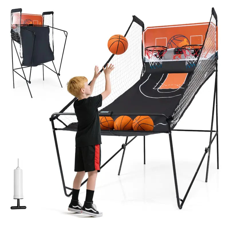 Foldable Dual-Lane Basketball Arcade Game with LCD Score Display and 4 Game Balls