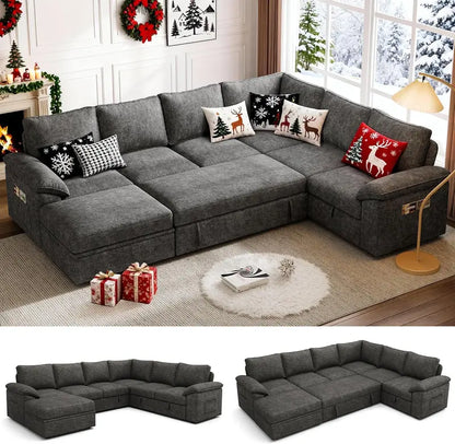 108-Inch U-Shaped Modular Sectional Sofa with Pull-Out Sleeper Bed and Customizable Layout