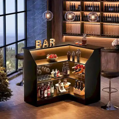 L-Shaped Bar Cabinet with Stemware Racks  Stylish Home Pub Storage Solution