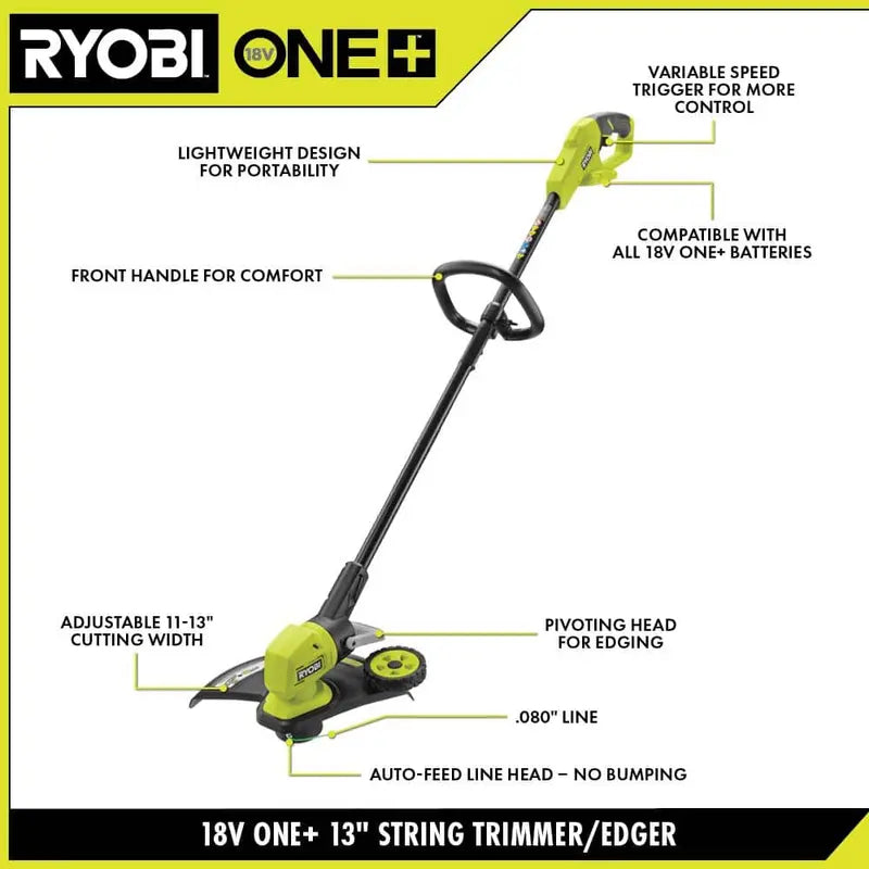 RYOBI ONE+ 18V 13 in. Cordless Battery String Trimmer/Edger with 4.0 Ah Battery and Charger P20180