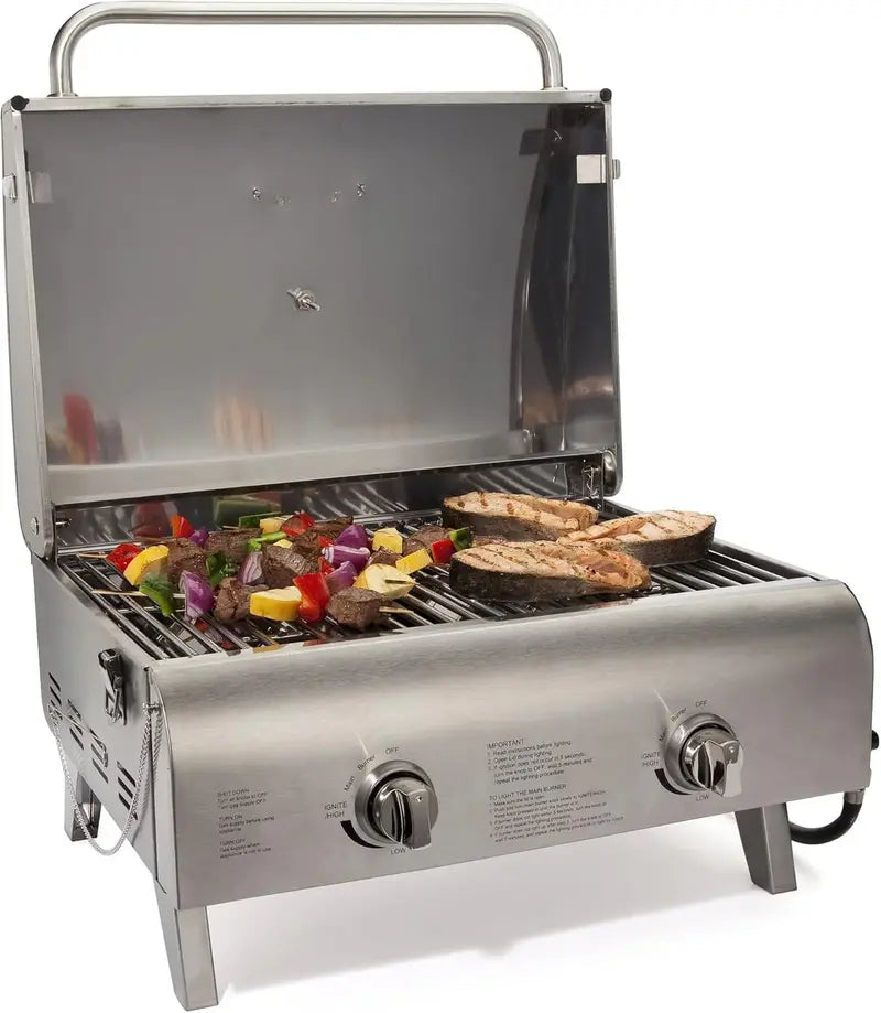 Chef-Style Dual-Burner Propane Grill  20,000 BTU Stainless Steel Tabletop BBQ with Piezo Ignition for Camping & Tailgating