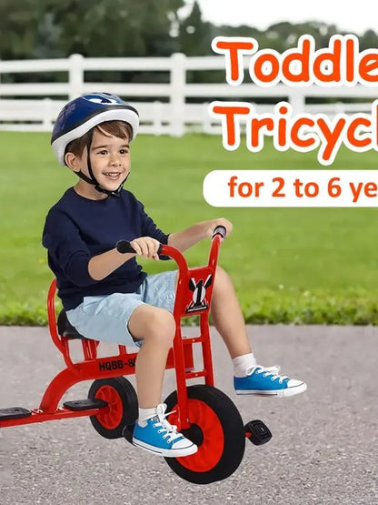 Yellow Kids Tandem Tricycle with Passenger Seat, Inflation-Free Rubber Wheels  Suitable for Ages 3+, Preschool & Daycare Playground Use