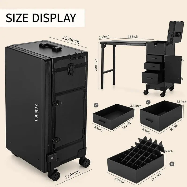 Rolling Manicure Station  LED Mirror, Built-in Bluetooth Speaker, Secure TSA Lock, and Storage Drawers