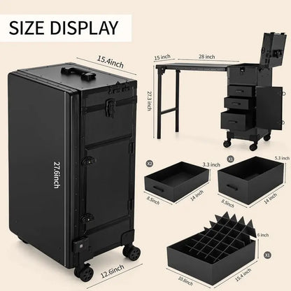 Rolling Manicure Station  LED Mirror, Built-in Bluetooth Speaker, Secure TSA Lock, and Storage Drawers