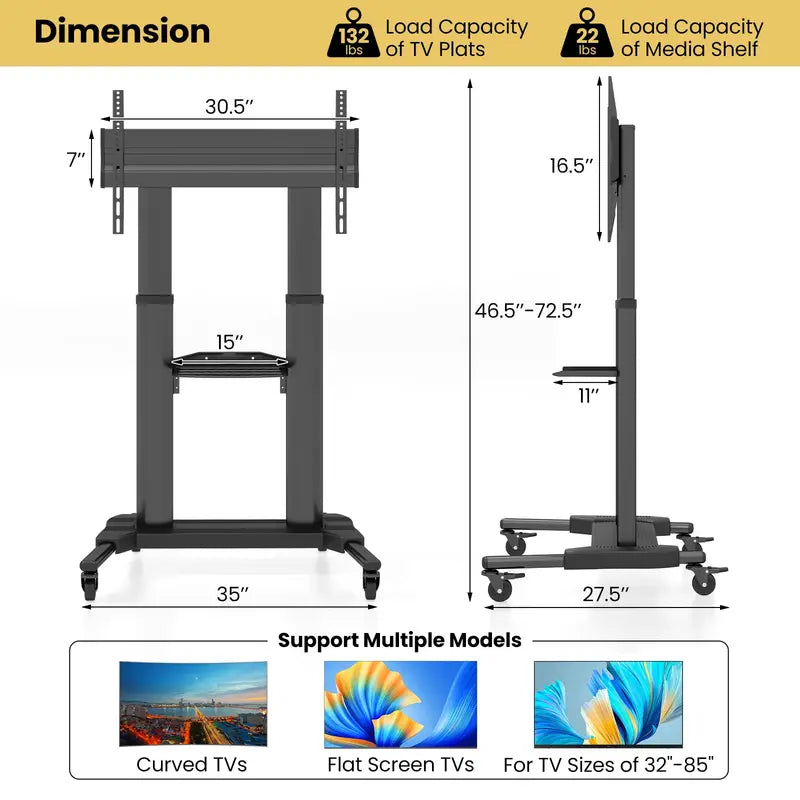 Mobile TV Stand Compatible with 32″85″ Flat or Curved Screens and VESA 400×700mm Mounting