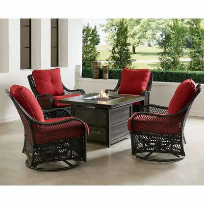 Orleans Patio Fire Pit Set  5-Piece Steel Conversation Group with Navy Cushions and Swivel Gliders