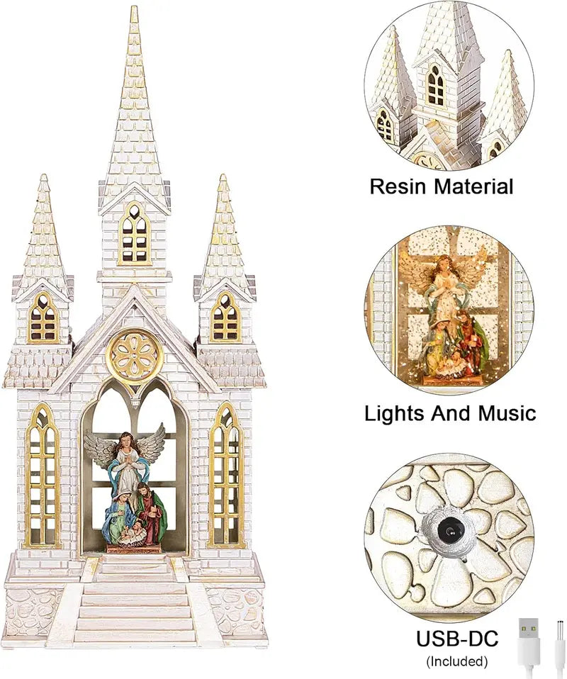DGSCAK Church Snow Globe Lantern, Resin, Retro Style, Musical with Timer, USB/Battery Powered, Christmas Decor