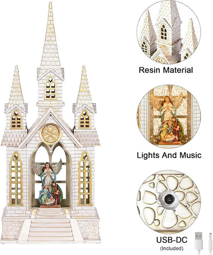 DGSCAK Church Snow Globe Lantern, Resin, Retro Style, Musical with Timer, USB/Battery Powered, Christmas Decor