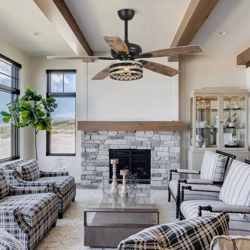 52-Inch Farmhouse Ceiling Fan with Driftwood Blades, Black Cage Design, and Remote Control