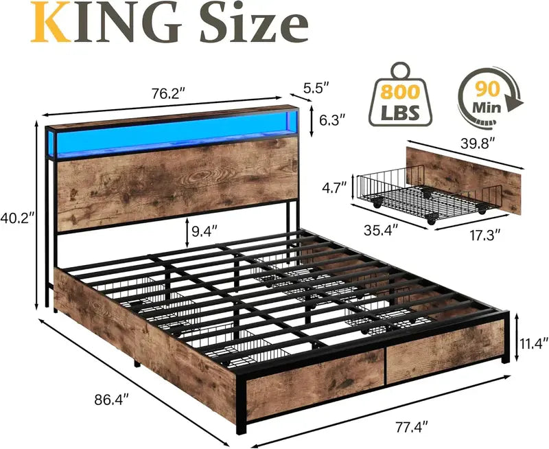 Lifezone Queen Platform Bed Frame  Metal Construction with 2-Tier Storage Headboard & 4 Under-Bed Drawers