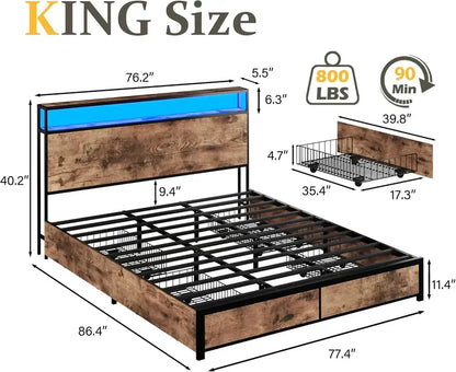 Lifezone Queen Platform Bed Frame  Metal Construction with 2-Tier Storage Headboard & 4 Under-Bed Drawers