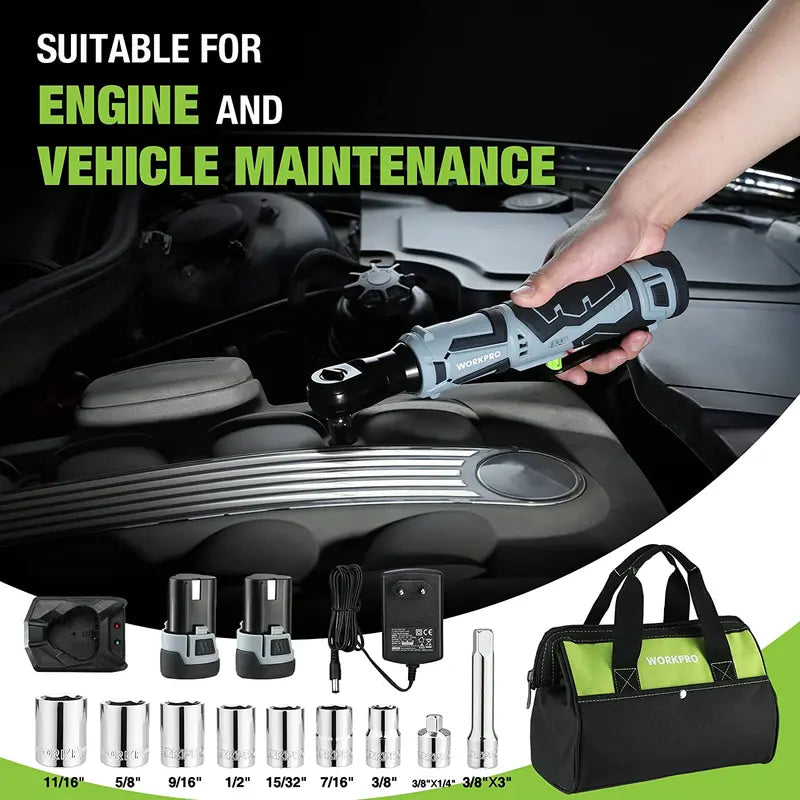 WORKPRO 12V Cordless Electric Ratchet Wrench  3/8″ Drive, 40 Ft-lbs Torque, Includes 9-Piece Accessory Kit
