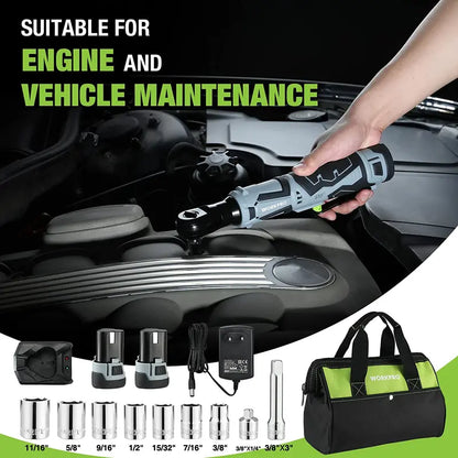 WORKPRO 12V Cordless Electric Ratchet Wrench  3/8″ Drive, 40 Ft-lbs Torque, Includes 9-Piece Accessory Kit