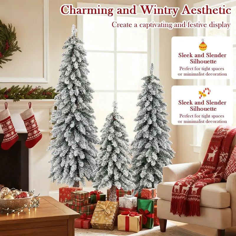 Three-Piece Snow-Flocked Christmas Tree Set  3’, 4’, and 5’ Trees with 300 Multicolor LEDs