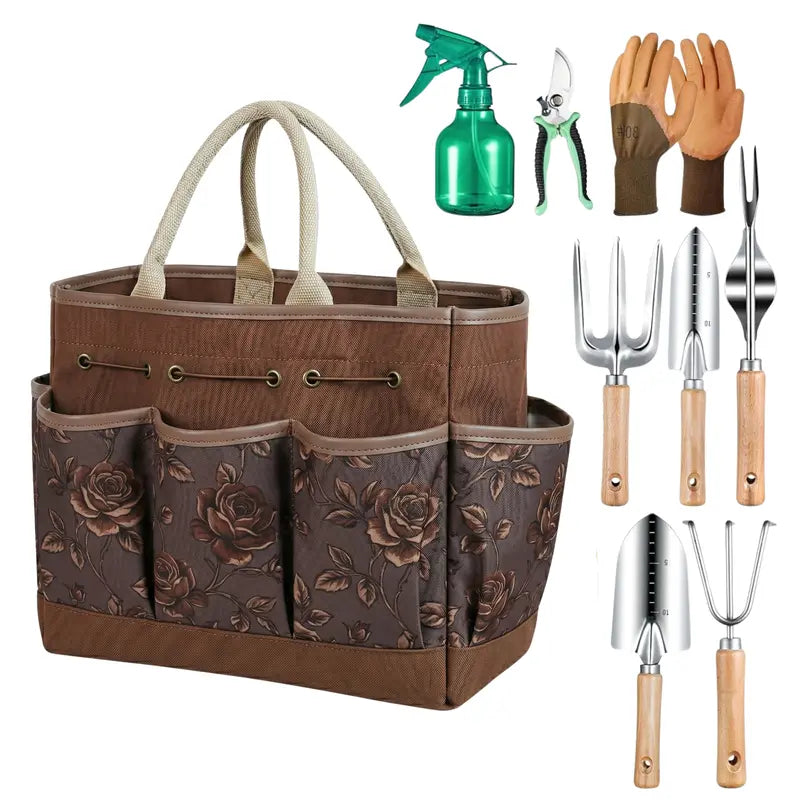 9-Piece Floral Garden Tool Set with Carry Tote and Ergonomic Hand Tools