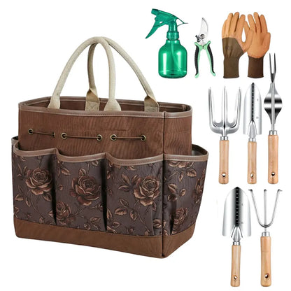 9-Piece Floral Garden Tool Set with Carry Tote and Ergonomic Hand Tools