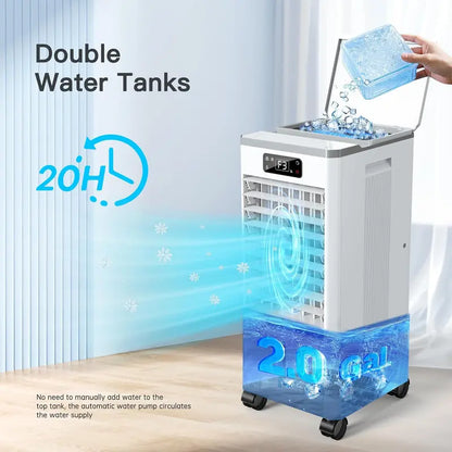 Hose-Free Portable Evaporative Air Cooler  3-Speed, 3-Mode Swamp Cooler with 12-Hour Auto-Off, 20-Hour Runtime, 16-Foot Remote