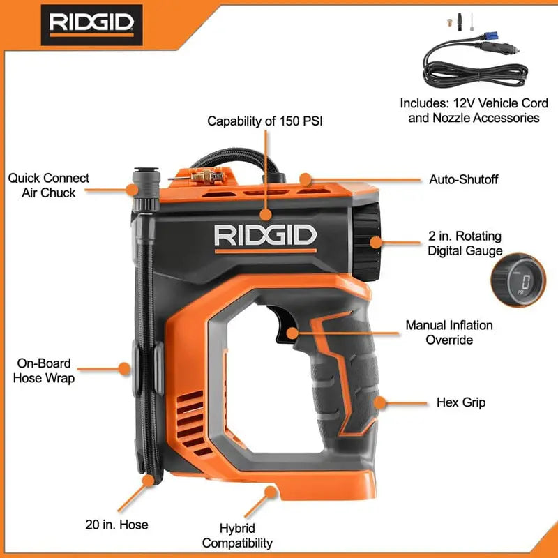 RIDGID 18V Cordless Digital Inflator Kit with 2.0 Ah Battery and Charger R87044KN