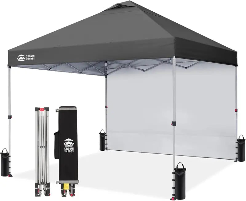 CROWN SHADES 10′ x 10′ Pop-Up Canopy with Single Sidewall: Portable Event Shelter for Parties, Campgrounds, and Outdoor Markets — Includes STO-N-Go Carry Bag