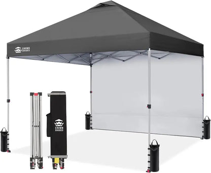 CROWN SHADES 10′ x 10′ Pop-Up Canopy with Single Sidewall: Portable Event Shelter for Parties, Campgrounds, and Outdoor Markets — Includes STO-N-Go Carry Bag