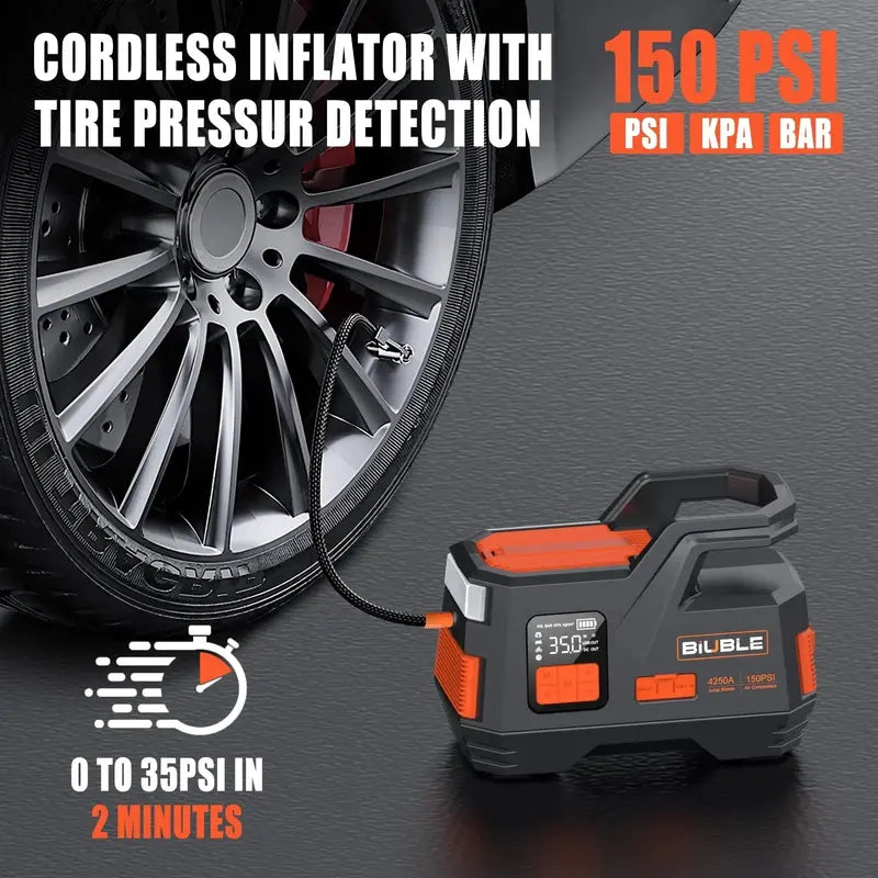 4500A Peak Car Jump Starter with Integrated 150 PSI Air Compressor  Supports Gas Engines up to 10.0L and Diesel Engines