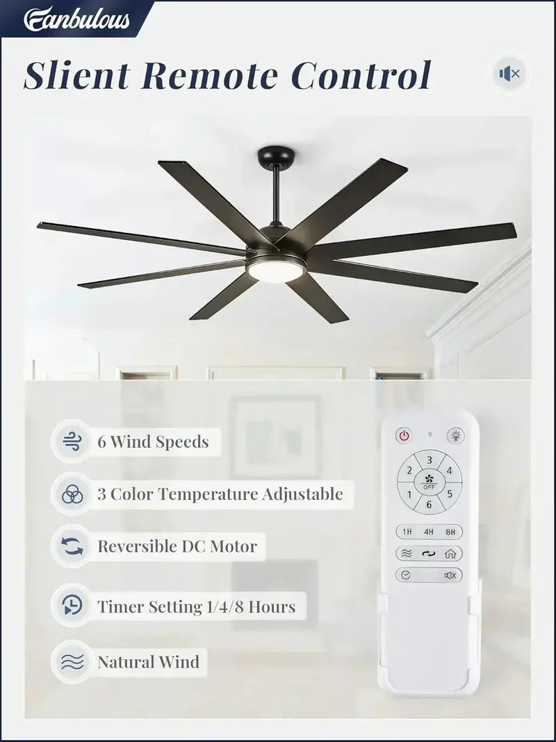 8-Blade 65-Inch Indoor/Outdoor Ceiling Fan  Quiet Operation & Wide-Area Airflow