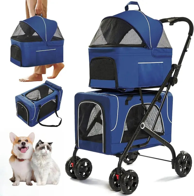 Double Pet Stroller  Foldable Two-Dog Carrier with Detachable Carriers, Locking Wheels, and Safety Harnesses