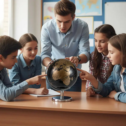 8-Inch Black Metallic World Globe  Interactive Learning Tool for Students